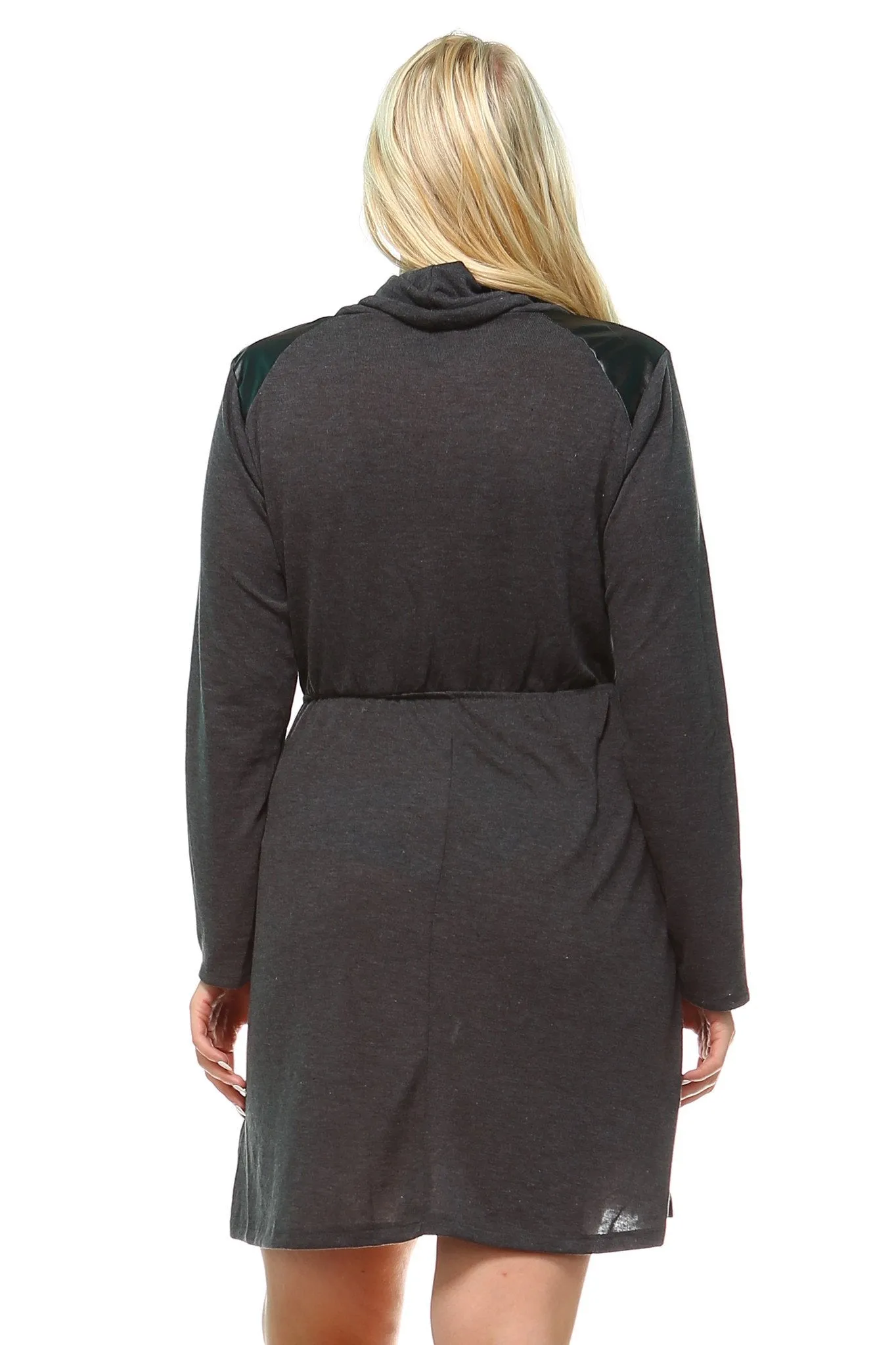 Women's Plus Size Long Sleeve Sweater Dress with Faux Leather Shoulder Patch