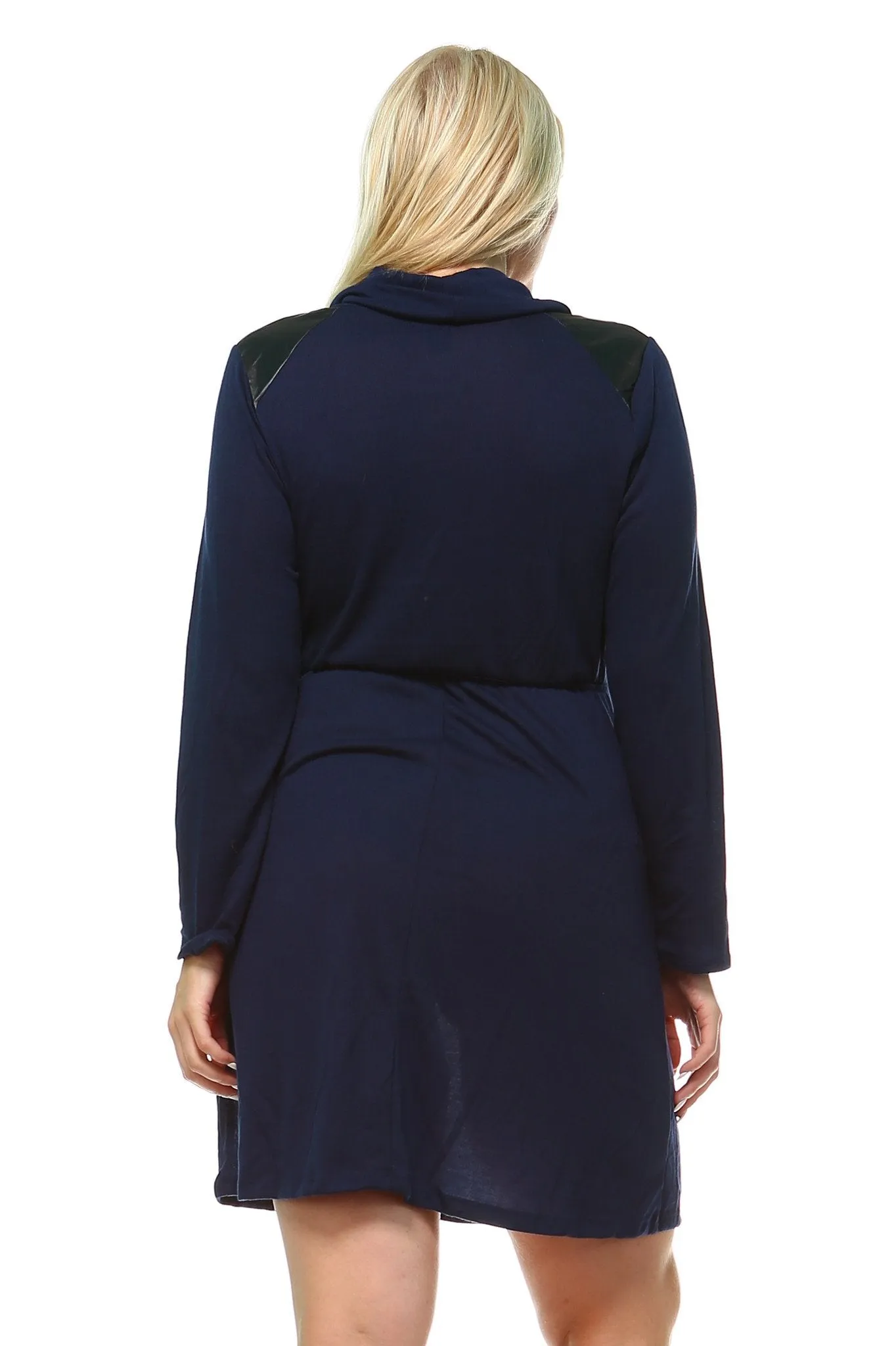 Women's Plus Size Long Sleeve Sweater Dress with Faux Leather Shoulder Patch