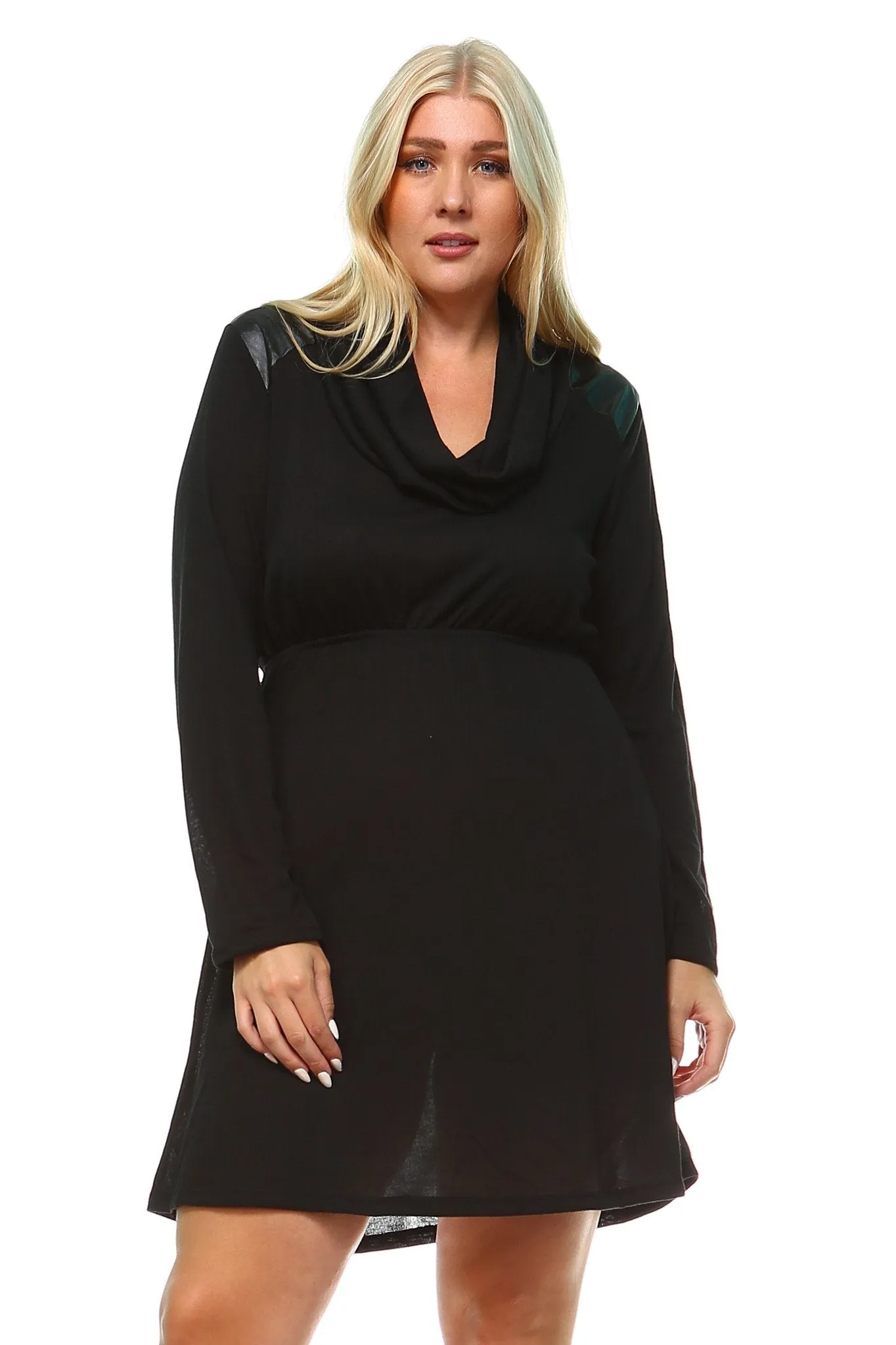 Women's Plus Size Long Sleeve Sweater Dress with Faux Leather Shoulder Patch