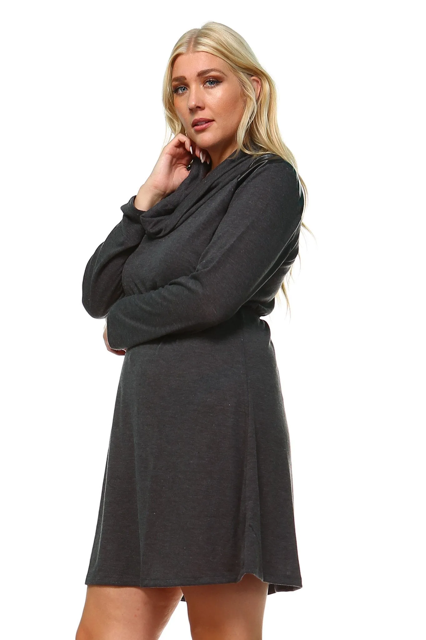 Women's Plus Size Long Sleeve Sweater Dress with Faux Leather Shoulder Patch