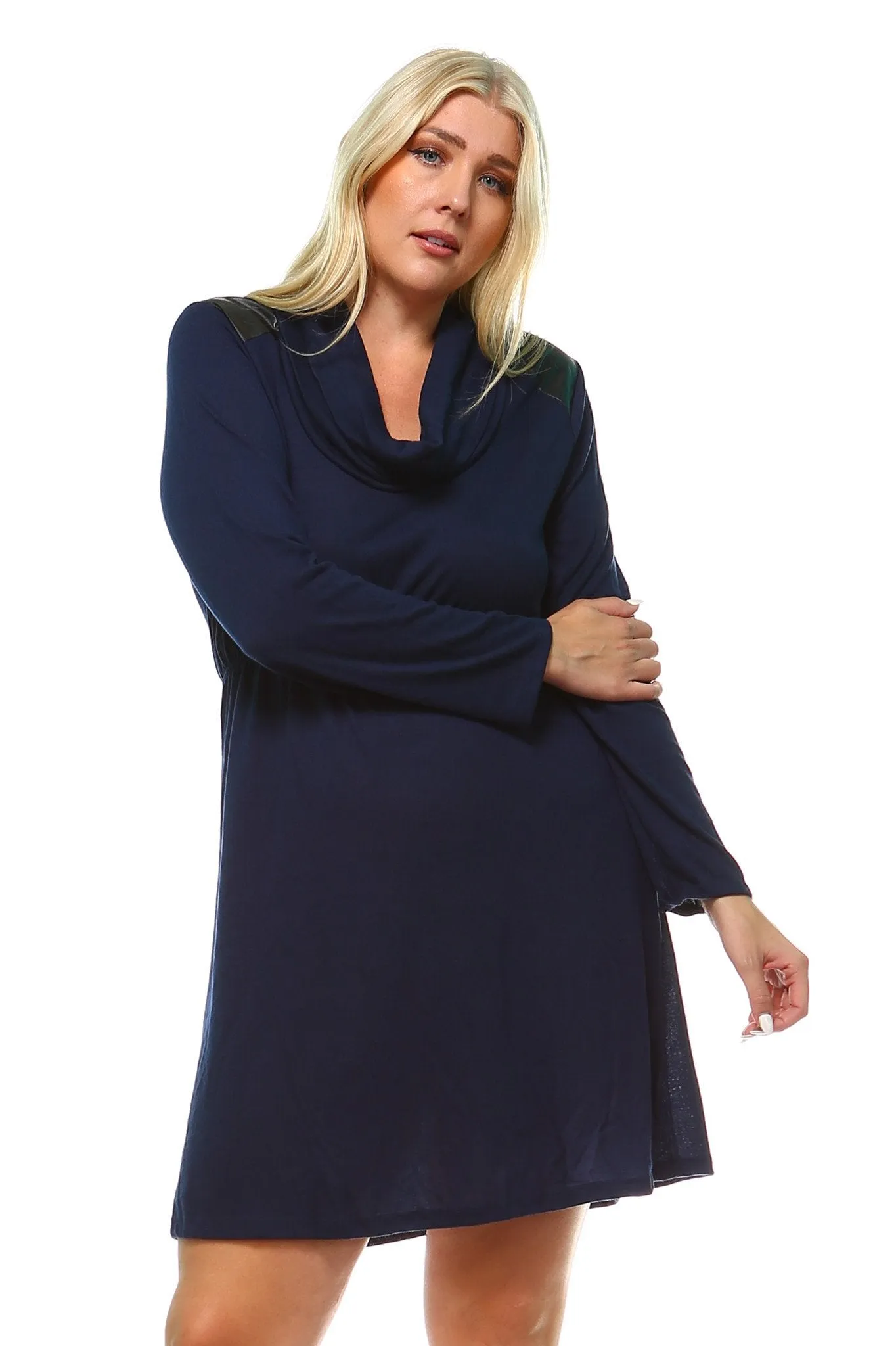 Women's Plus Size Long Sleeve Sweater Dress with Faux Leather Shoulder Patch