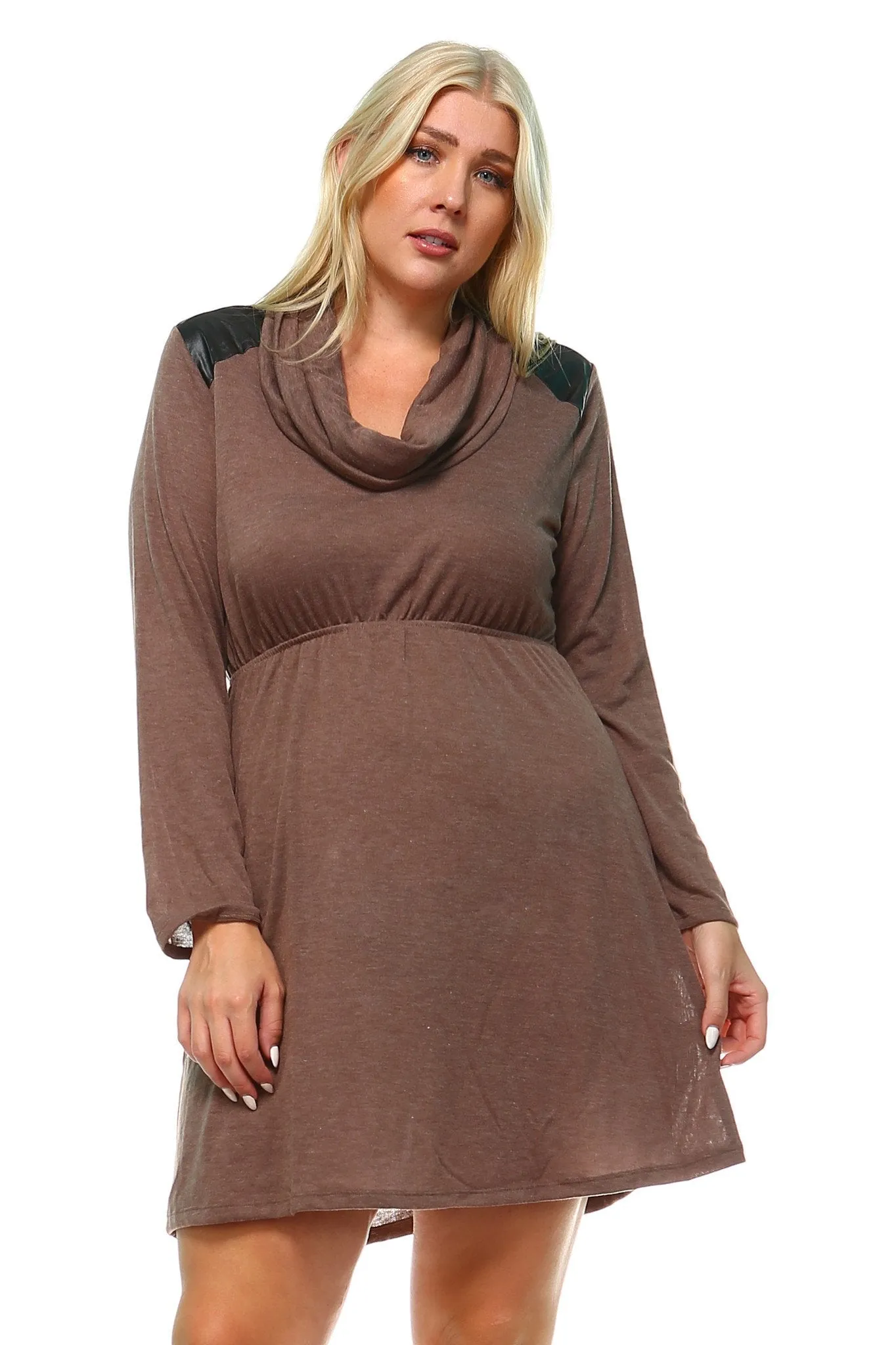 Women's Plus Size Long Sleeve Sweater Dress with Faux Leather Shoulder Patch