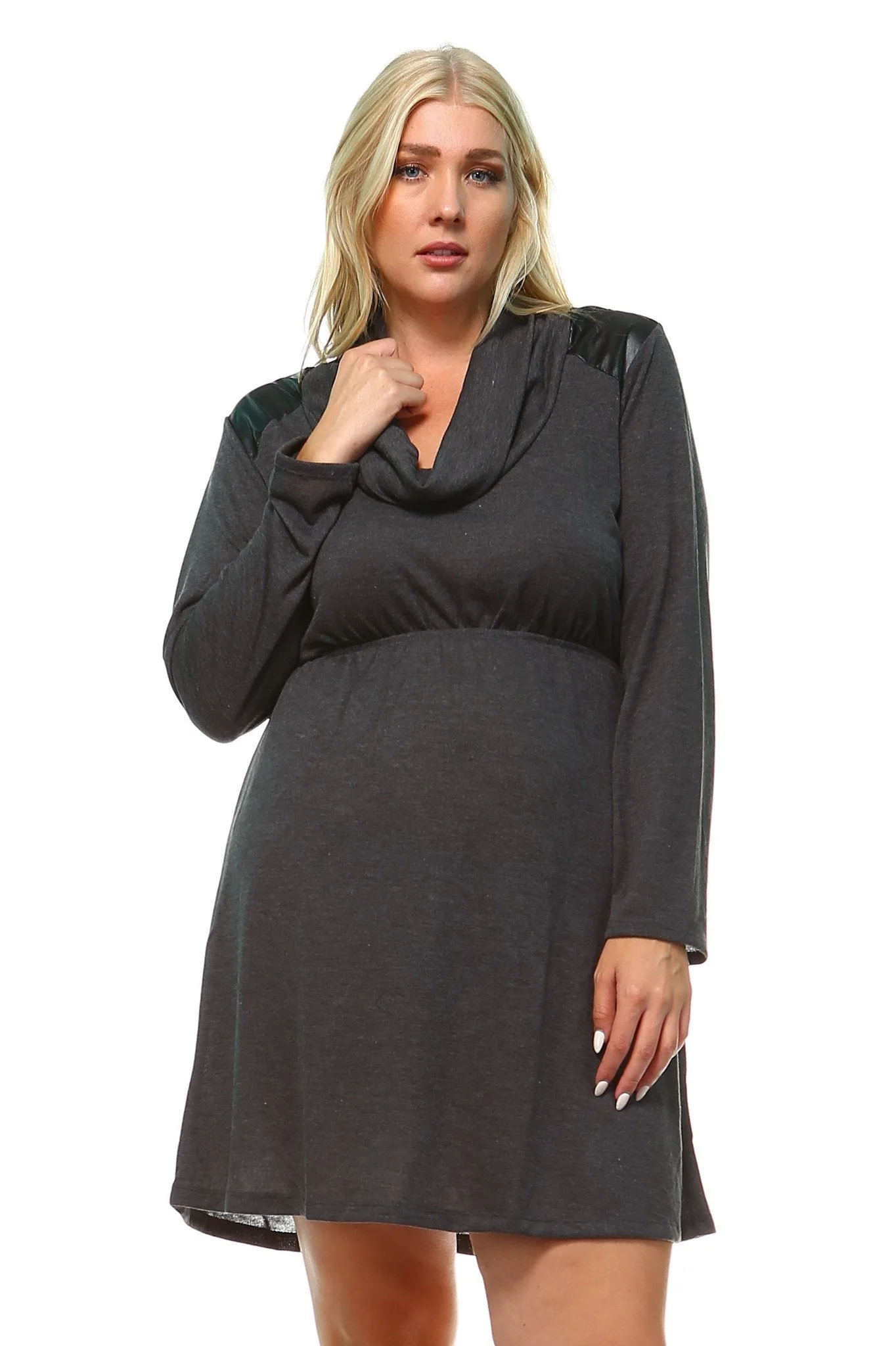 Women's Plus Size Long Sleeve Sweater Dress with Faux Leather Shoulder Patch