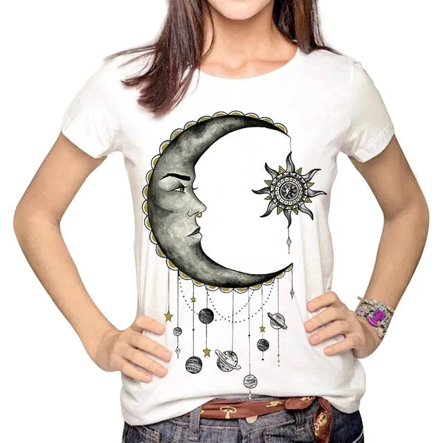 YEMUSEED Women Fashion Hipster Sun and Moon Cartoon Printed Tops Tumblr Harajuku Pencil Drawing 3D T shirt Tees Plus Size XL