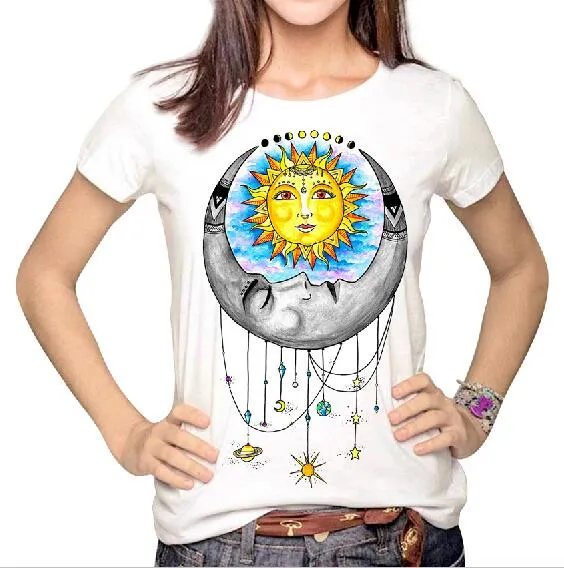 YEMUSEED Women Fashion Hipster Sun and Moon Cartoon Printed Tops Tumblr Harajuku Pencil Drawing 3D T shirt Tees Plus Size XL