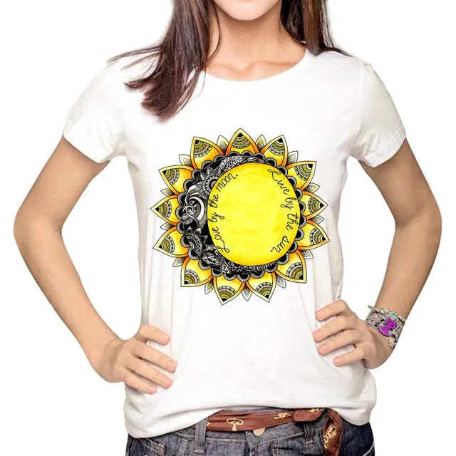 YEMUSEED Women Fashion Hipster Sun and Moon Cartoon Printed Tops Tumblr Harajuku Pencil Drawing 3D T shirt Tees Plus Size XL